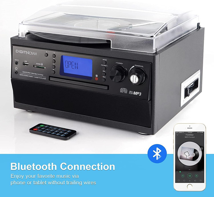 گرامافون بلوتوثی DIGITNOW! با اسپیکر استریو | تبدیل وینیل LP به MP3، پخش CD و کاست، رادیو، AUX، USB و SD با کنترل از راه دور