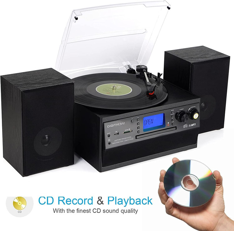 گرامافون بلوتوثی DIGITNOW! با اسپیکر استریو | تبدیل وینیل LP به MP3، پخش CD و کاست، رادیو، AUX، USB و SD با کنترل از راه دور