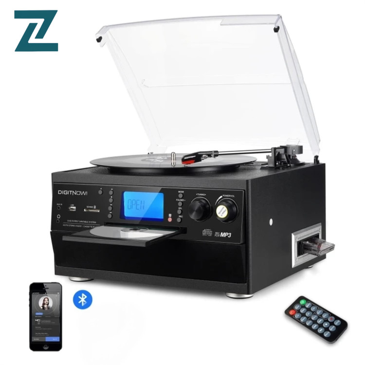 گرامافون بلوتوثی DIGITNOW! با اسپیکر استریو | تبدیل وینیل LP به MP3، پخش CD و کاست، رادیو، AUX، USB و SD با کنترل از راه دور