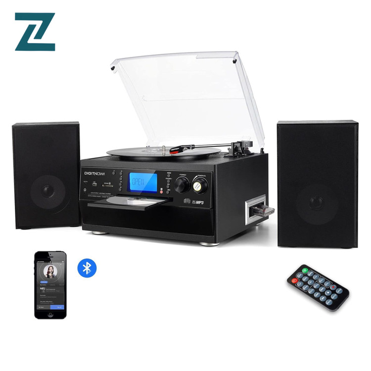 گرامافون بلوتوثی DIGITNOW! با اسپیکر استریو | تبدیل وینیل LP به MP3، پخش CD و کاست، رادیو، AUX، USB و SD با کنترل از راه دور