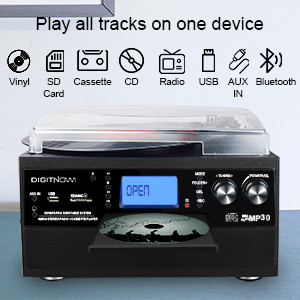 گرامافون بلوتوثی DIGITNOW! با اسپیکر استریو | تبدیل وینیل LP به MP3، پخش CD و کاست، رادیو، AUX، USB و SD با کنترل از راه دور